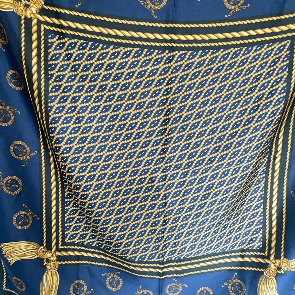 Vintage Berkshire Made in Italy Scarf | Navy Gold Tassel Print Square - Picture 4 of 7